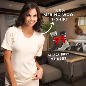 Natural %100 Merino Wool Short Sleeve Shirt for Women - Thermal Top T-Shirt - Picture 1 of 3