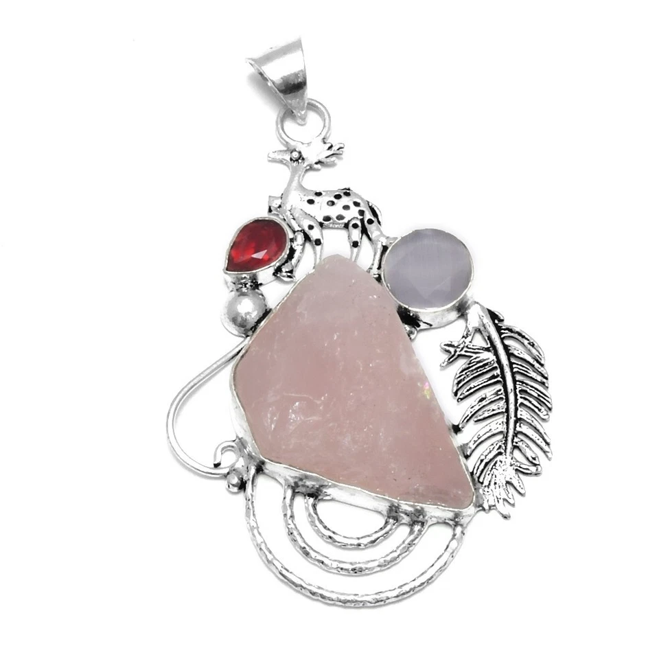 Raw Rose Quartz Garnet Ethnic Handmade  Pendant Jewelry 2.8" IP-10053 - Изображение 1 из 1