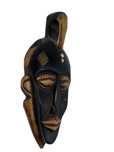 Mask African Hand Carved Wood with Metal Ornaments Tribal Wall Hang Vintage Mask - Picture 1 of 12