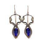 Blue Sapphire Wire Wrapped Drop/Dangle Earrings Handcrafted Copper Holiday 3.74"
