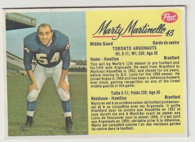 1963 Post CFL Marty Martinello Card #45 Toronto Argonauts - Image 1 of 2