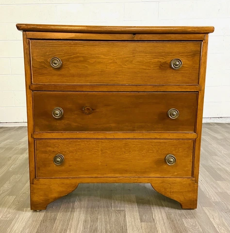 Antique 19th Century Pine Three Drawer Country Chest with Brass Pulls Cover