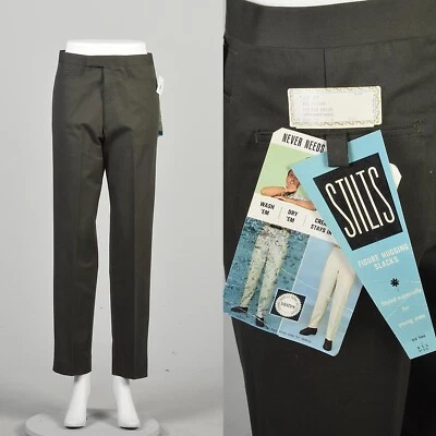 1960s Deadstock Tapered Leg Slacks Pants Gabardine Slim Fit Pants Flat Front - Image 1 of 4