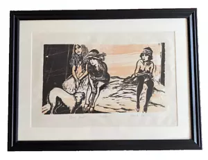 Vintage Original Frank Martin Woodblock Print Three Girls 80/100 Framed Signed - Picture 1 of 17