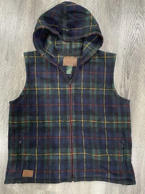 Ralph Lauren Hooded Vest Womens Small Plaid Fleece Full Zip Sleeveless Pockets - Image 1 of 4