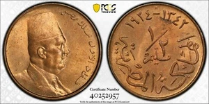 EGYPT , 1/2 MILLIEME KING FUAD FOUAD 1924 PCGS MS 64 RD ( 15A ) , RARE - Picture 1 of 1