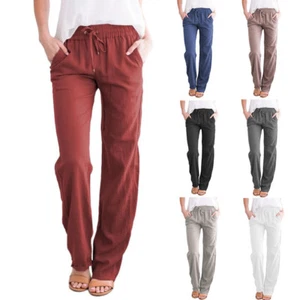 Womens Drawstring Elastic Waist Pants Casual Straight Leg Solid Long Trousers - Picture 1 of 38