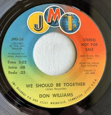 ANDY WILLIAMS, WE SHOULD BE TOGETHER, JMI #36, PROMO COUNTRY 45 RECORD,1974 - Image 1 of 4