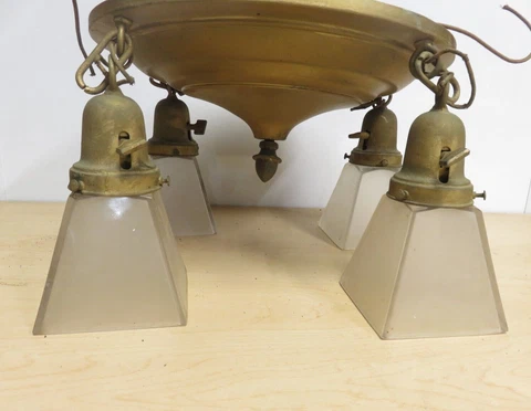 Vintage brass pan light fixture 4 drop flush mount Mission Arts Craft shades Cover