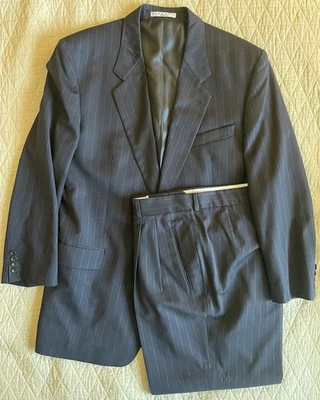 HUGO BOSS Made in USA Vintage Pleated Pinstripe Wool Suit in Navy Size 46 L - Image 1 of 4