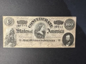 1864 $100 Confederate States of America Note T65 - Picture 1 of 3