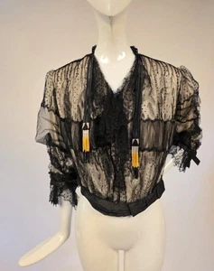 EDWARDIAN BLACK SILK CHANTILLY LACE BLOUSE W BEADED SILK RIBBON TAILS - Picture 1 of 8