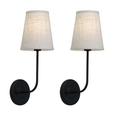 Modern Industrial Set of 2 Bedside Black Wall Lamp Cloth Shade Wall Light Sconce - Image 1 of 4