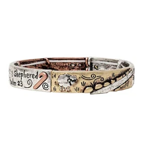 Religious Theme Tri-tone Rustic Metal Psalm 23 Stretch Bracelet for Women - Picture 1 of 1