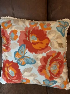 Boho Embroidered Needlepoint Decor Pillow 20” COVER Butterflies Floral Bright - Picture 1 of 12