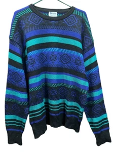 VTG Meister Men's 90s Geometric Stripe Pattern Ski Sweater XL Purple Wool Blend - Bild 1 von 5