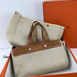 HERMES Her Bag Cabas GM Tote Bag Canvas beige gebraucht mit Box & Aufbewahrungstasche - Bild 1 von 10