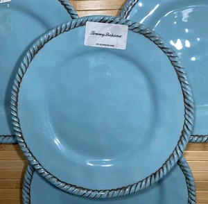 x4 Tommy Bahama NEW!!! MELAMINE BLUE AQUA Turquoise Rope Border DINNER Plates - Picture 1 of 5