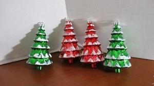Set of 4 SHATTERPROOF  GREEN & RED SNOW COVERED PINE TREES Christmas Ornaments - Picture 1 of 3