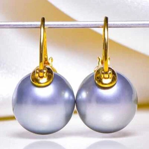Highlights 16MM silver gray Shell Pearl Earrings 18K Unisex Dangle Formal Men - Picture 1 of 3