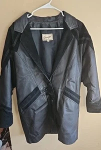 Vintage Savagé Black Leather Long Sleeve Trench Coat Size M Paisley Detail - Bild 1 von 16
