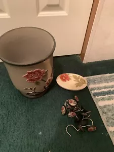 Shabby Floral CERAMIC WASTE BASKET Trash Can&SHOWER CURTAIN HOOKS&SOAP DISH - Picture 1 of 1