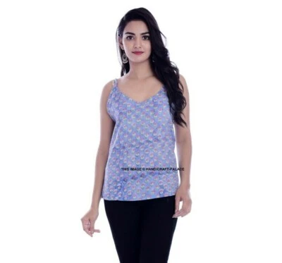 Camiseta sin mangas de algodón con estampado de bloques de mano india con correa de espagueti ajustable Foto 1 de 4