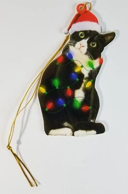 Tuxedo Cat Christmas Ornament Multicolor Lights Santa Hat Double Sided