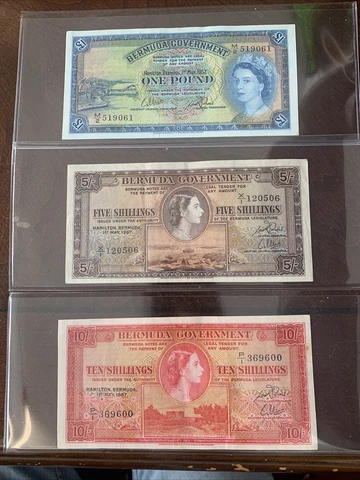 1957 Bermuda 1, 5 & 10 Shillings Set Banknotes Crisp Cover