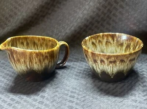 Vintage Cannonsburg Brown Drip Glaze Coffee Creamer Sugar USA - Picture 1 of 9