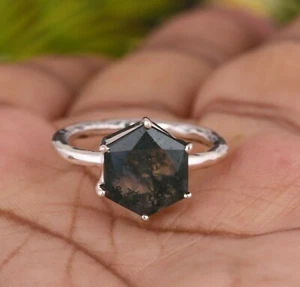 Moss agate hexagon ring in 925 silver oxidized ring with natural cut gemstone - Picture 1 of 8