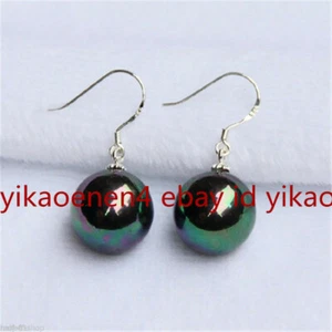 Fashion 12mm Black Round South Sea Shell Pearl Silver Dangle Earrings - Picture 1 of 4
