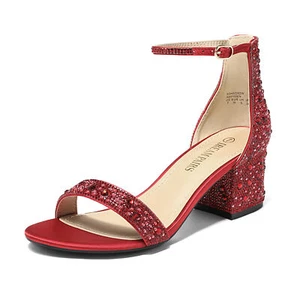 Women Ankle Strap Heeled Sandals Chunky Rhinestone Party Wedding Dress Sandals - Picture 1 of 33