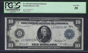 🇺🇸1914 $10 FR-949 "SAN FRANCISCO" ♚♚BURKE&GLASS♚♚ PCGS VF20 ONLY 40 KNOWN RARE - Picture 1 of 2