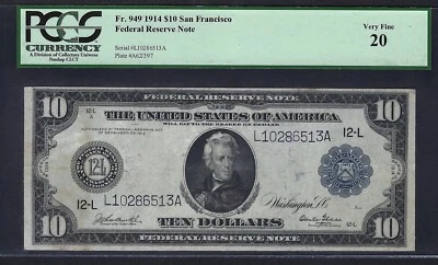 🇺🇸1914 $10 FR-949 "SAN FRANCISCO" ♚♚BURKE&GLASS♚♚ PCGS VF20 ONLY 40 KNOWN RARE - Image 1 of 2