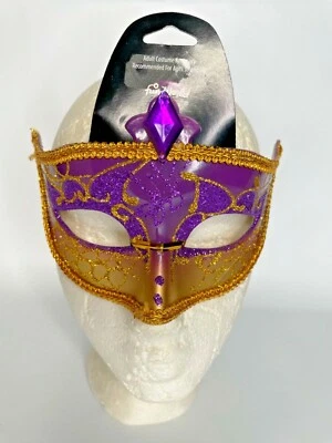 Mardi Gras Masquerade Mask Purple Gold Gemstone Glitter Decorative - Image 1 of 3