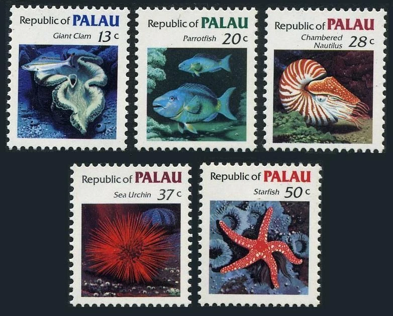 Palau 13-15, 17-18, MNH. Marine life 1984: Clam, Nautilus, - Image 1 of 1