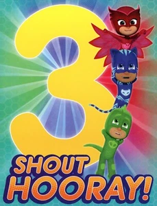 PJ Masks FELIZ TERCER CUMPLEAÑOS Tarjeta PARA NIÑOS DE 3 AÑOS, ¡Grita Hooray! por Kid Squad +✉ - Imagen 1 de 6