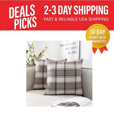 Elegant 18x18 Plaid Throw Pillow Covers in Brown - Set of 2 for Farmhouse Decor - Image 1 of 4