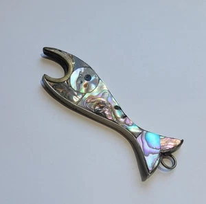 Vintage Mexico Nickel Silver Abalone Inlay Fish Shaped Pendant And Bottle Opener - Picture 1 of 9