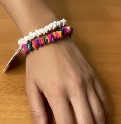 Набор розовых и белых браслетов-ракушек пука — эластичные ювелирные изделия для пляжного серфинга бохо - Изображение 1 из 4