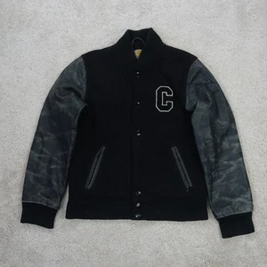 Carhartt Jacket Men Medium Black Varsity W Bandit Leather Sleeve Bomber Workwear - Picture 1 of 18