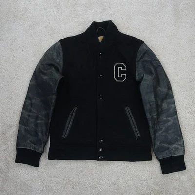Carhartt Jacket Men Medium Black Varsity W Bandit Leather Sleeve Bomber Workwear - Image 1 of 4