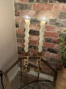 Vintage Candlestick Holder Solid Brass Joy Set of 2 - 8.25 Inch Tall - Picture 1 of 13