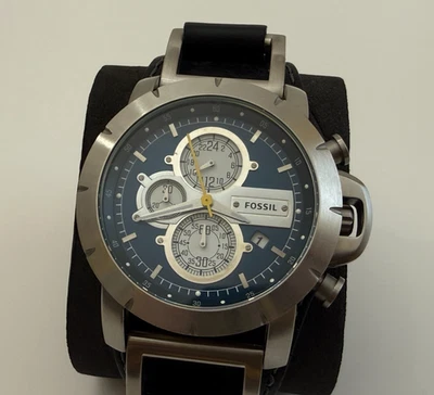 Fossil Men's Chronograph Watch JR1156 Blue Dial w/ Black Leather Cuff FREE SHIP - Image 1 of 4
