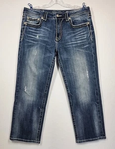 Womens Miss Me Boyfriend Jeans Size 31 Medium Wash Embellished Distressed Ankle - Picture 1 of 9