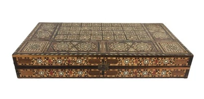 Vintage Mosaic Wood Inlaid Marquetry Backgammon Box ~20 x 10" - Image 1 of 4