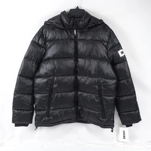 DKNY Water-Resistant Logo Hooded Puffer Nylon Jacket In Black - Men's Large - Picture 1 of 8