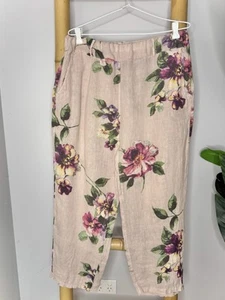 Puro Lino Made In Italy Blush Pink Floral Print Linen Pants Size M Women’s - Picture 1 of 5