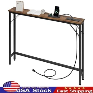 Narrow Sofa Table Skinny Console Table w/ Outlet for Living Room Entryway Brown - Picture 1 of 10
